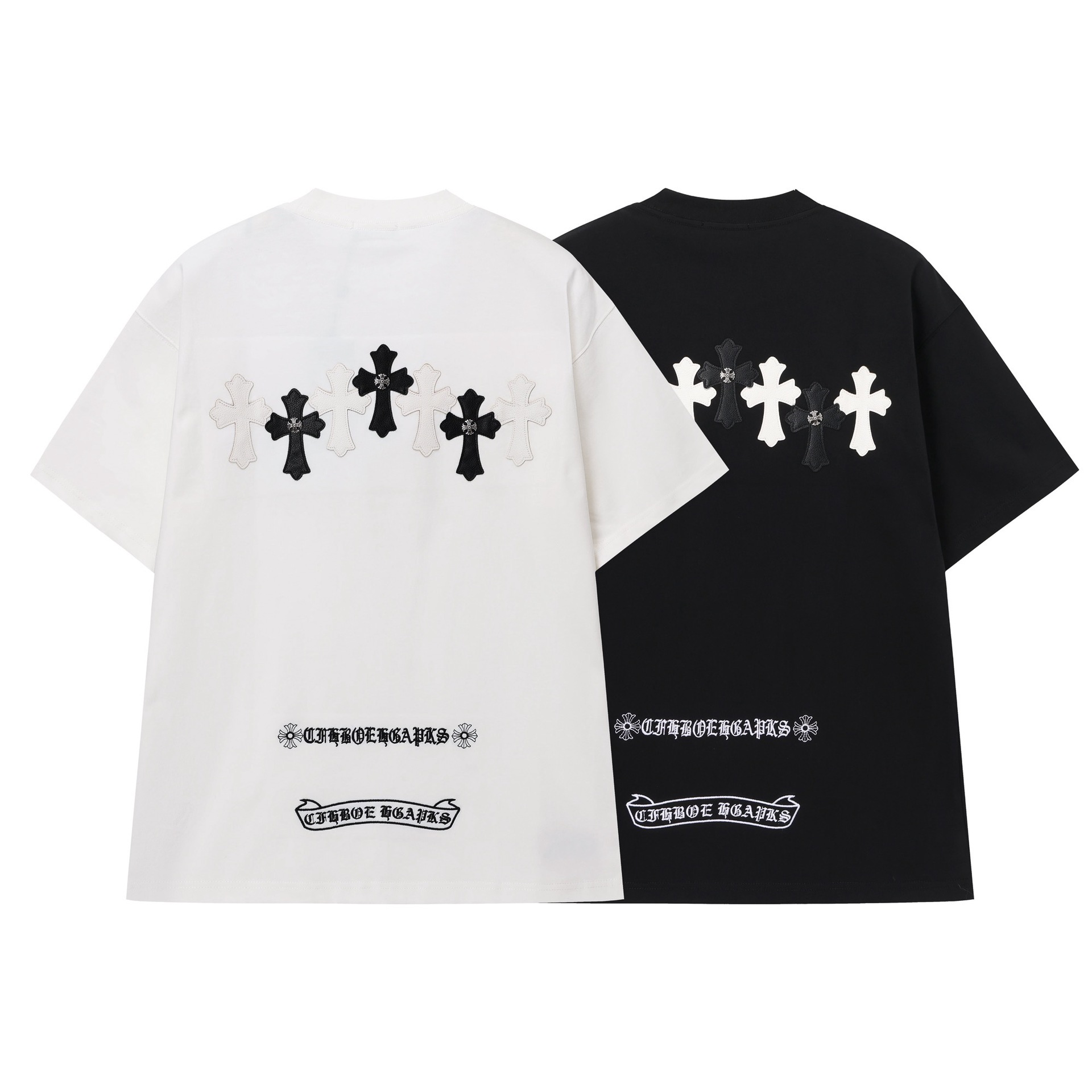 夏の新作 厚手メンズ半袖Tシャツ クロスとレタリング刺繍 ルーズフィット ベーシックデザイン クルーネック 梵字クロムハーツ