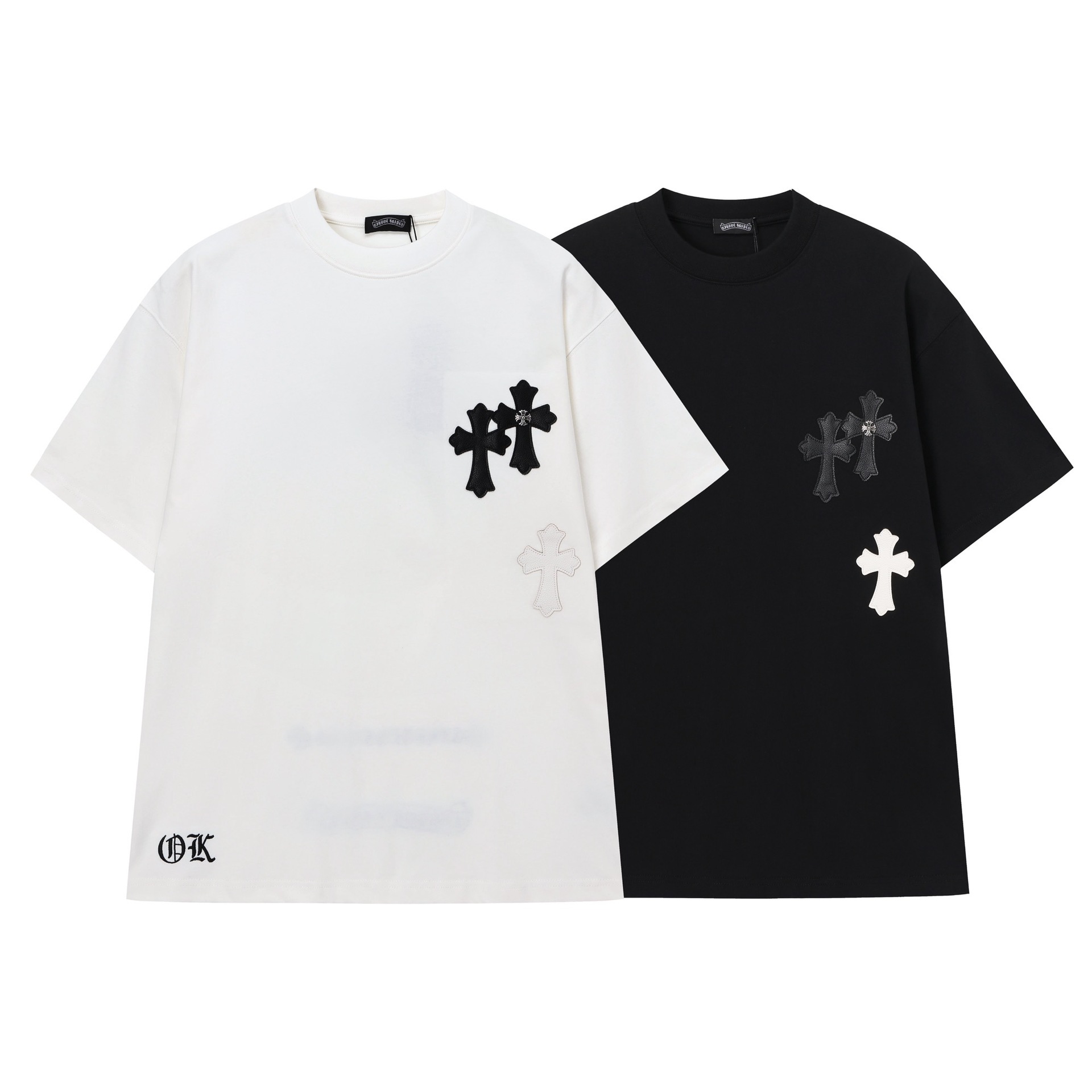 夏の新作 厚手メンズ半袖Tシャツ クロスとレタリング刺繍 ルーズフィット ベーシックデザイン クルーネック 梵字クロムハーツ