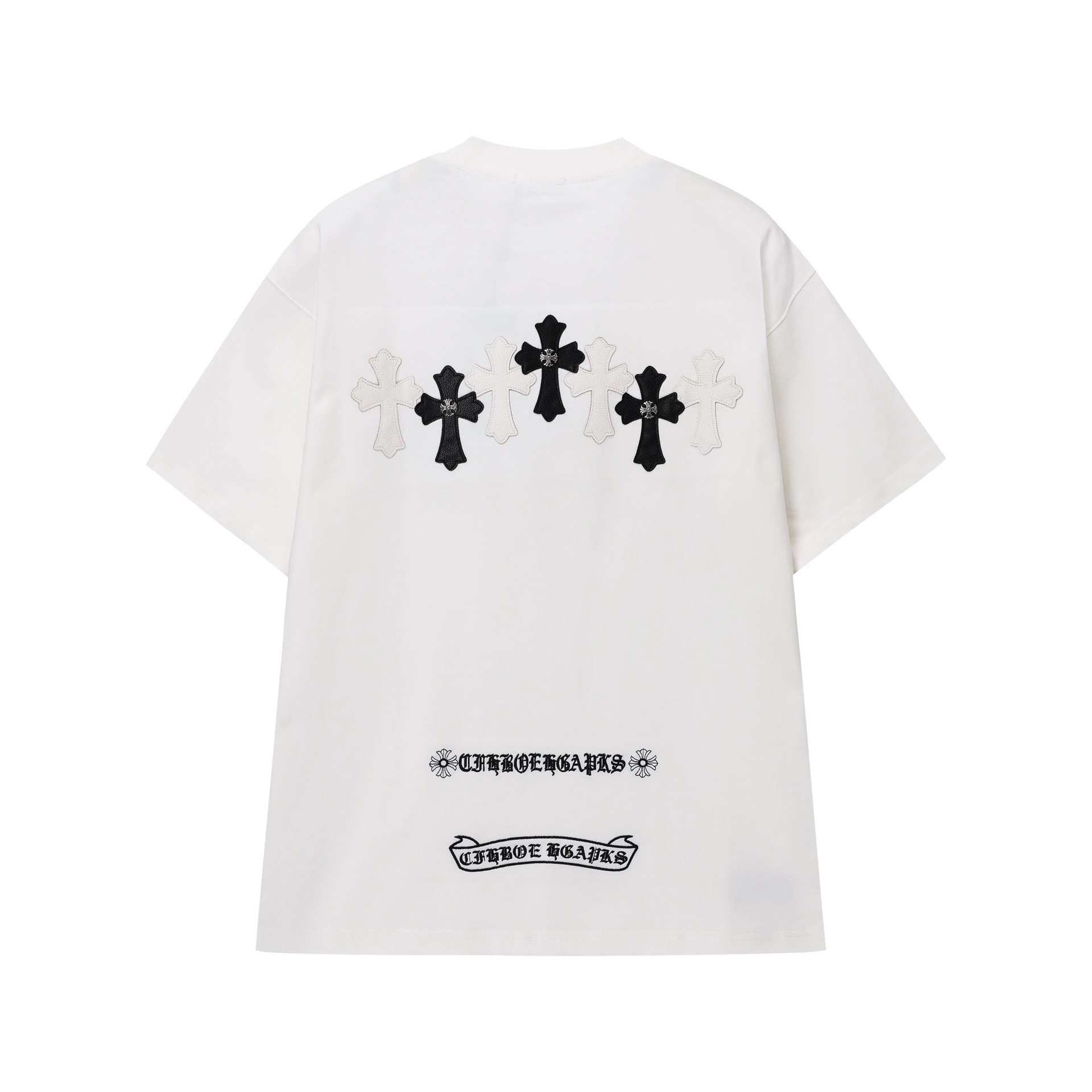 夏の新作 厚手メンズ半袖Tシャツ クロスとレタリング刺繍 ルーズフィット ベーシックデザイン クルーネック 梵字クロムハーツ