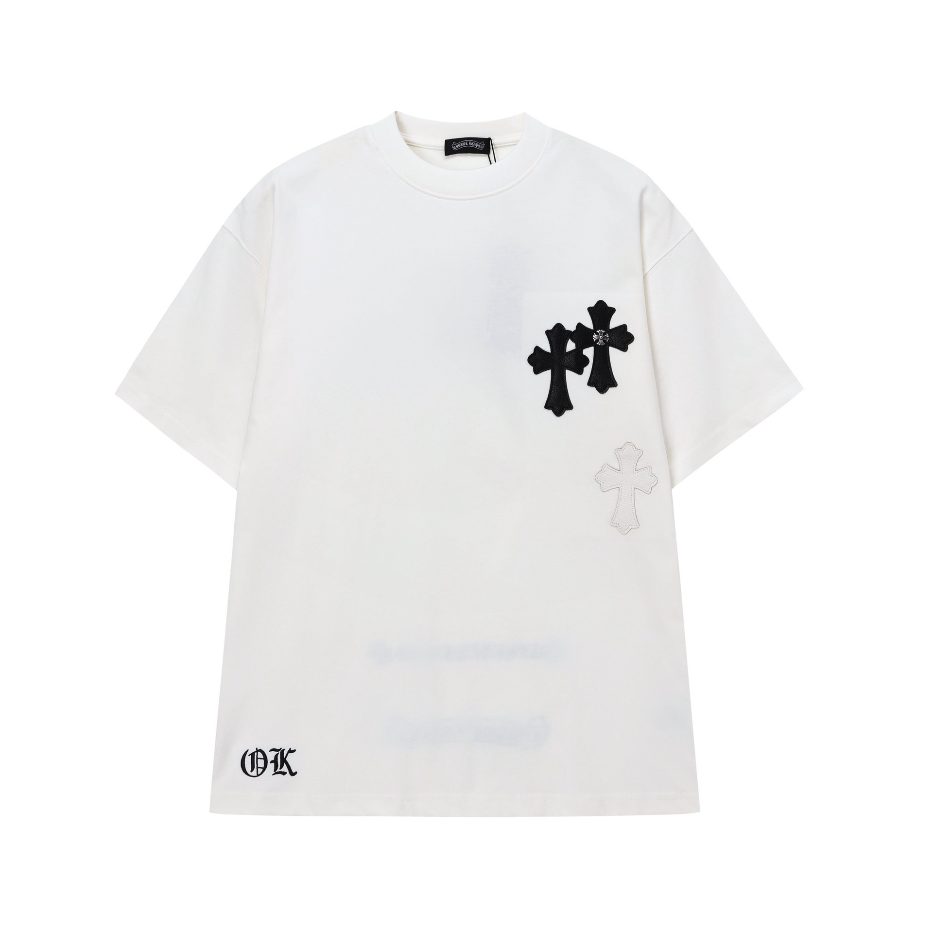 夏の新作 厚手メンズ半袖Tシャツ クロスとレタリング刺繍 ルーズフィット ベーシックデザイン クルーネック 梵字クロムハーツ