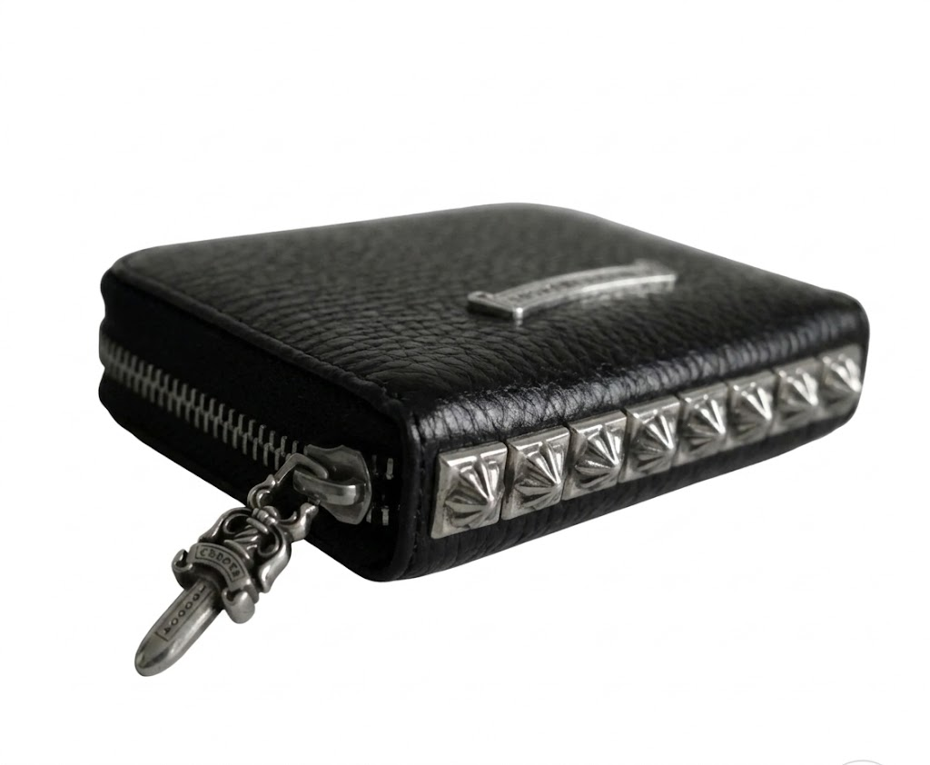 Chrome Hearts クロムハーツ 3サイドジップウォレット レザー ブラック メンズ クロス SV CHプラス ピラミッドスタッズ 黒