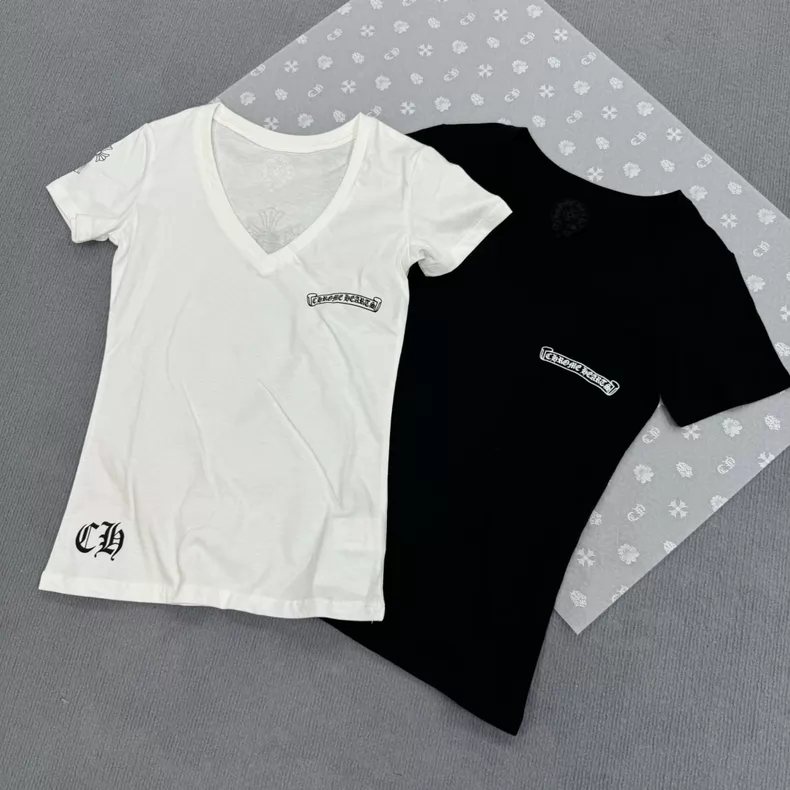 【クロムハーツ】Vネックプリント半袖Tシャツ レディース フィットシルエット キャミソールトップス ホワイト/ブラック