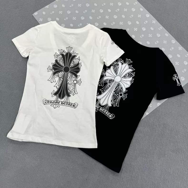 【クロムハーツ】Vネックプリント半袖Tシャツ レディース フィットシルエット キャミソールトップス ホワイト/ブラック