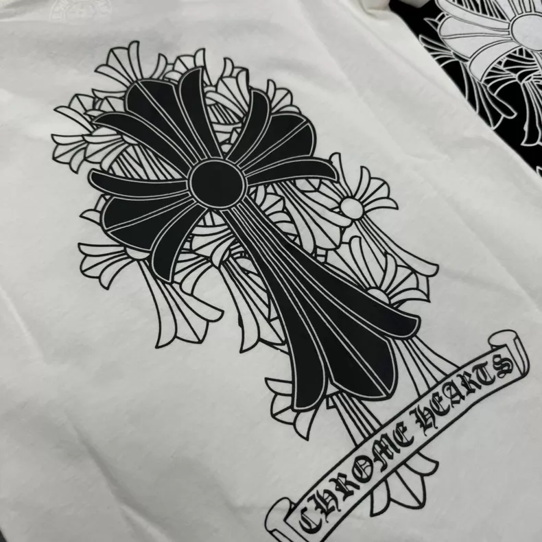 【クロムハーツ】Vネックプリント半袖Tシャツ レディース フィットシルエット キャミソールトップス ホワイト/ブラック
