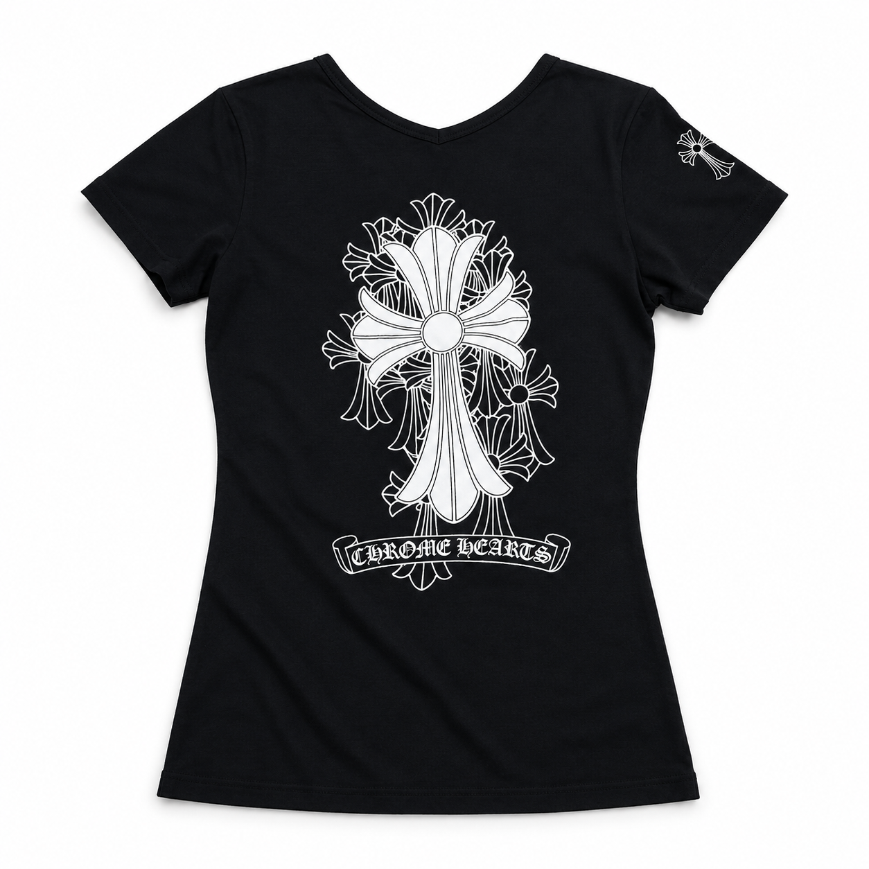 【クロムハーツ】Vネックプリント半袖Tシャツ レディース フィットシルエット キャミソールトップス ホワイト/ブラック