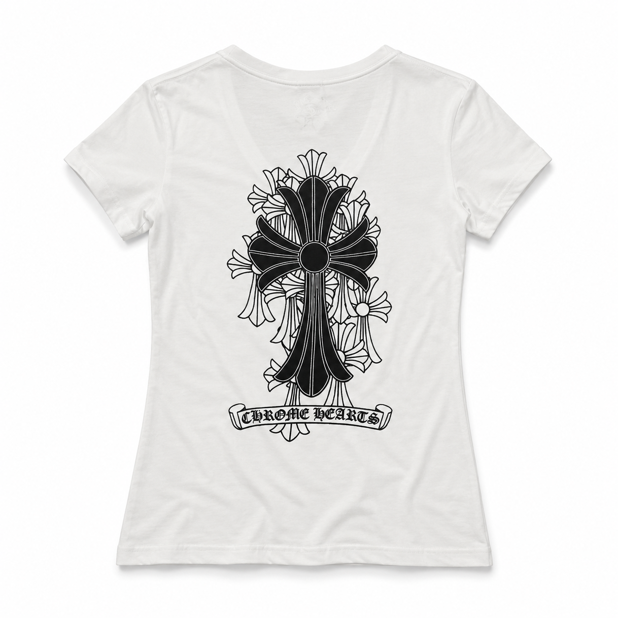 【クロムハーツ】Vネックプリント半袖Tシャツ レディース フィットシルエット キャミソールトップス ホワイト/ブラック