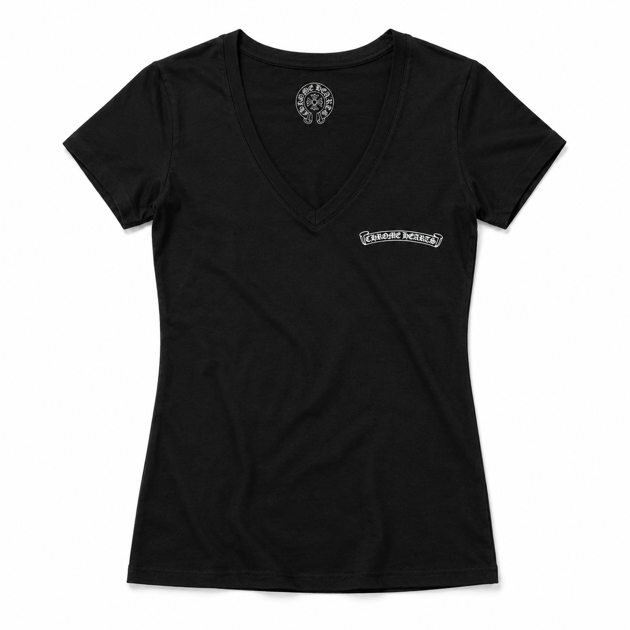 【クロムハーツ】Vネックプリント半袖Tシャツ レディース フィットシルエット キャミソールトップス ホワイト/ブラック