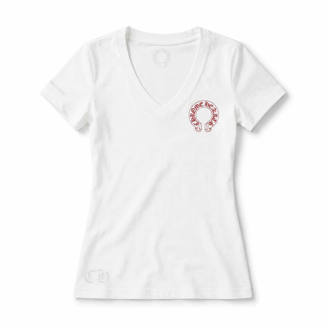 【クロムハーツ】Vネックプリント半袖Tシャツ レディース フィットシルエット キャミソールトップス ホワイト/ブラック