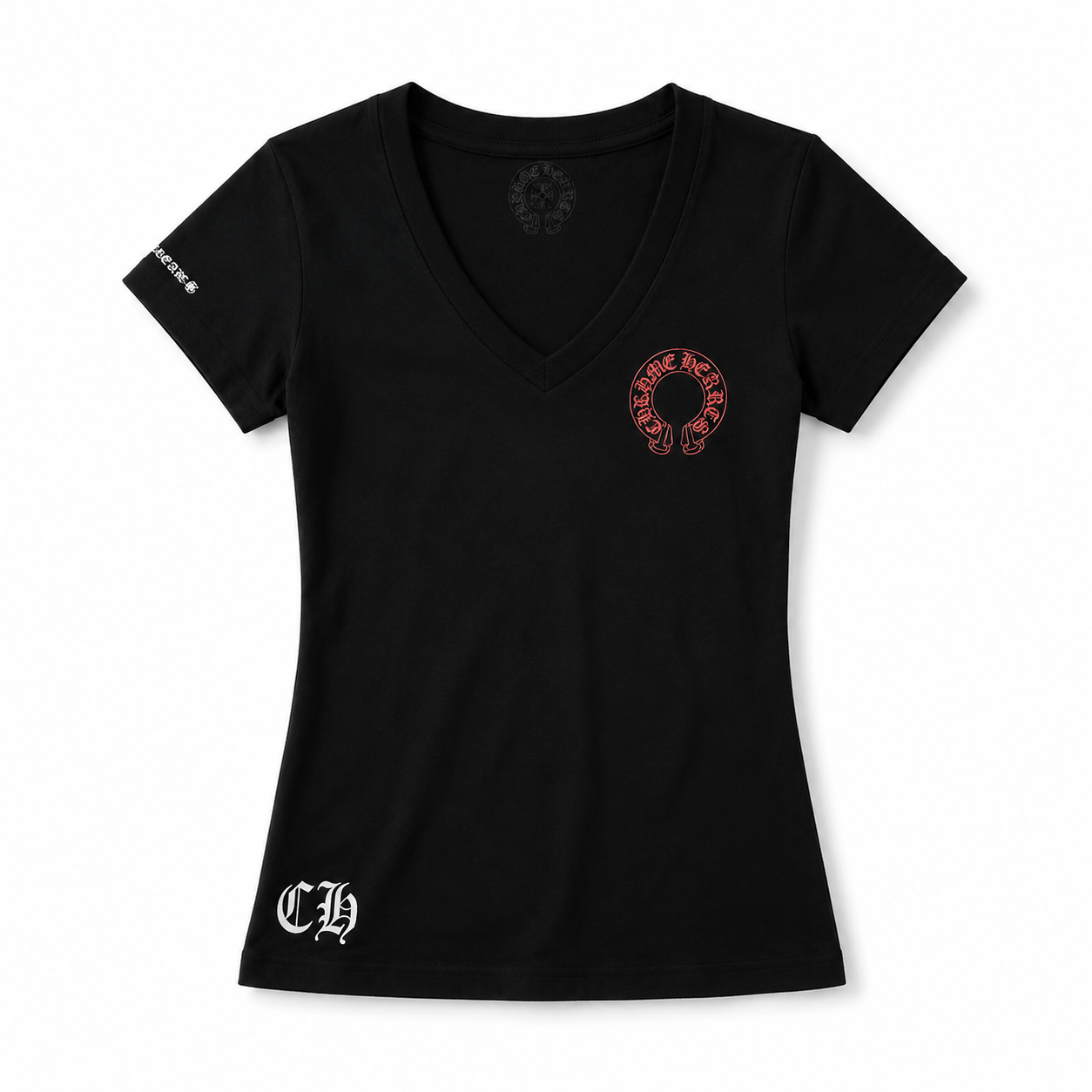 【クロムハーツ】Vネックプリント半袖Tシャツ レディース フィットシルエット キャミソールトップス ホワイト/ブラック