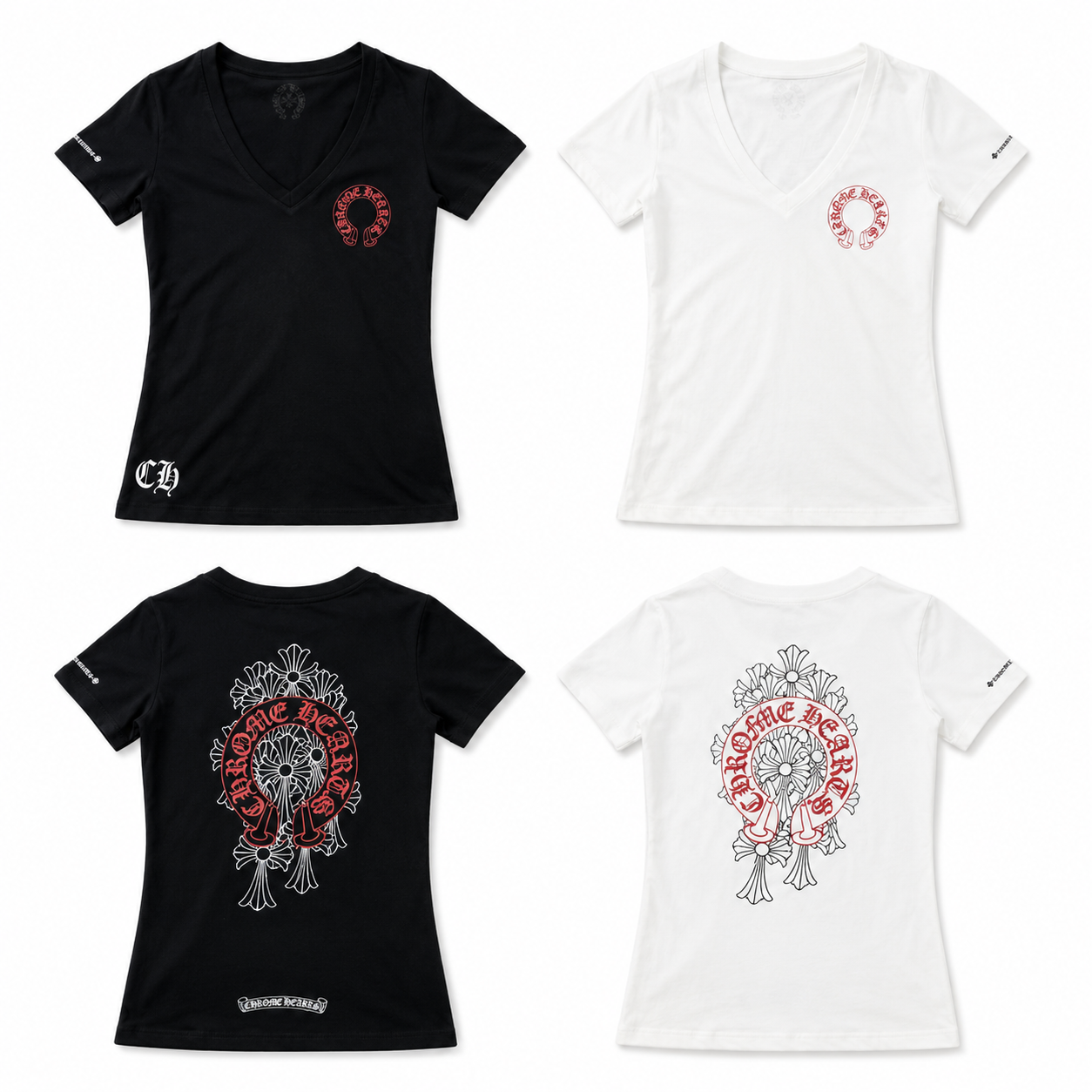 【クロムハーツ】Vネックプリント半袖Tシャツ レディース フィットシルエット キャミソールトップス ホワイト/ブラック