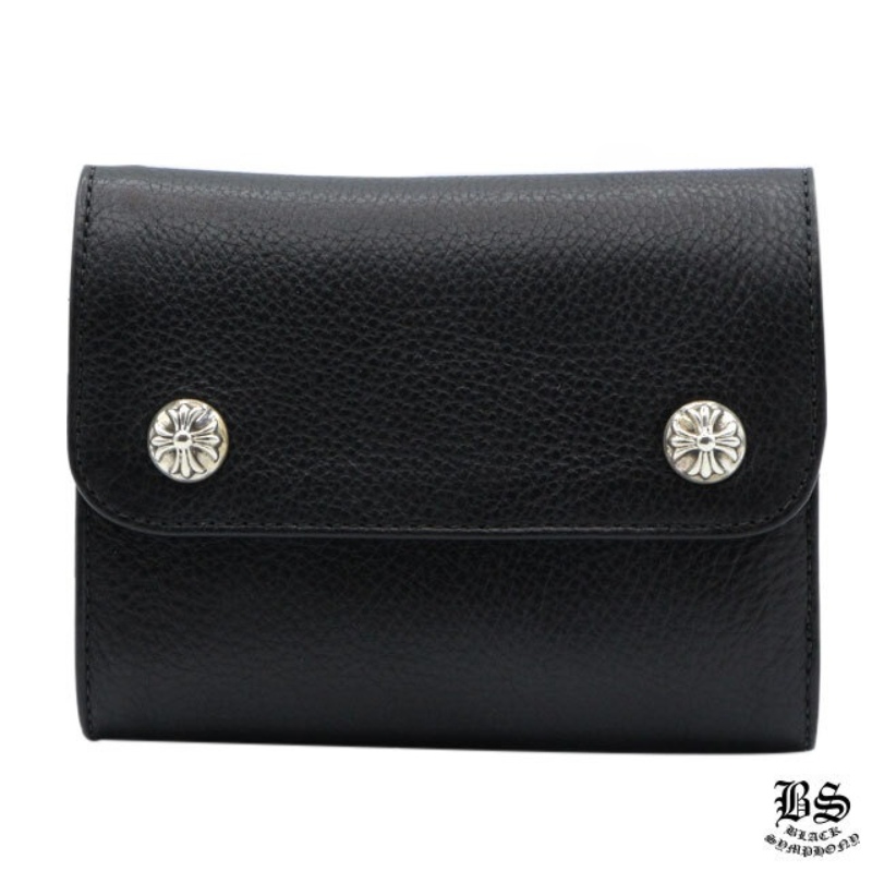 クロムハーツ ウェーブウォレット クロスボタン ブラック ヘビーレザー ミニ　財布