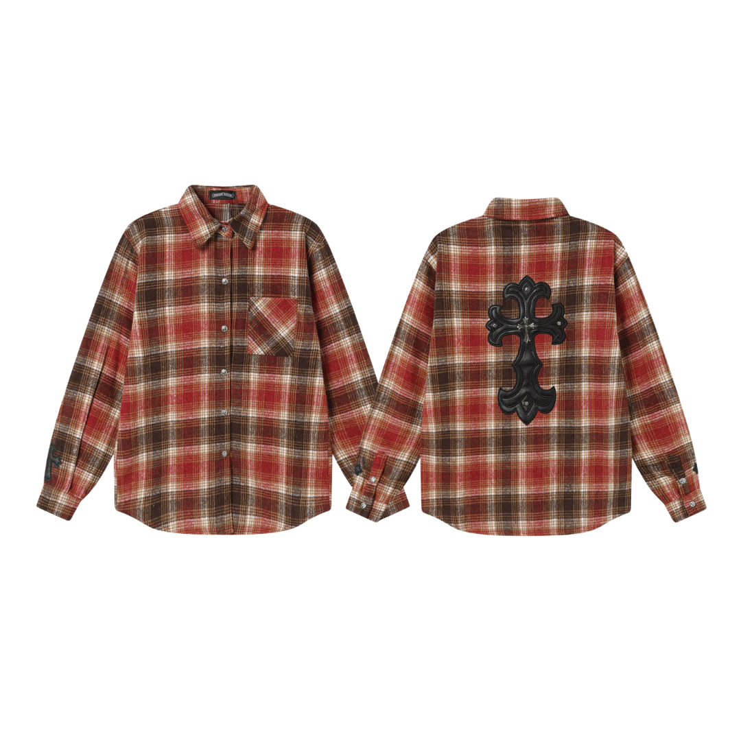 ChromeHearts クロムハーツ 初秋 新作 クロス レザーパッチ 刺繍 チェック 長袖 シャツ ジャケット メンズ レディース