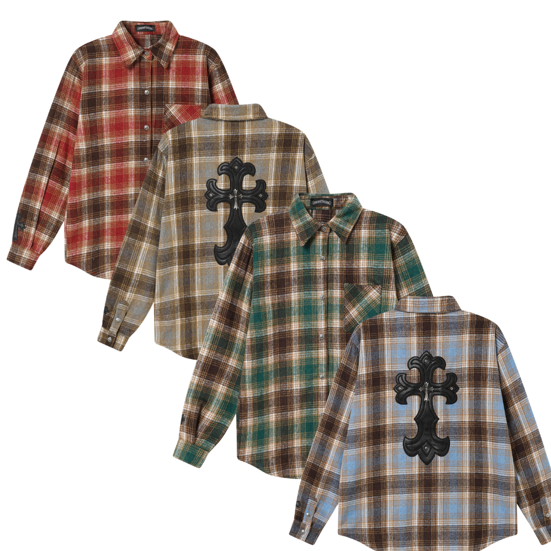 ChromeHearts クロムハーツ 初秋 新作 クロス レザーパッチ 刺繍 チェック 長袖 シャツ ジャケット メンズ レディース