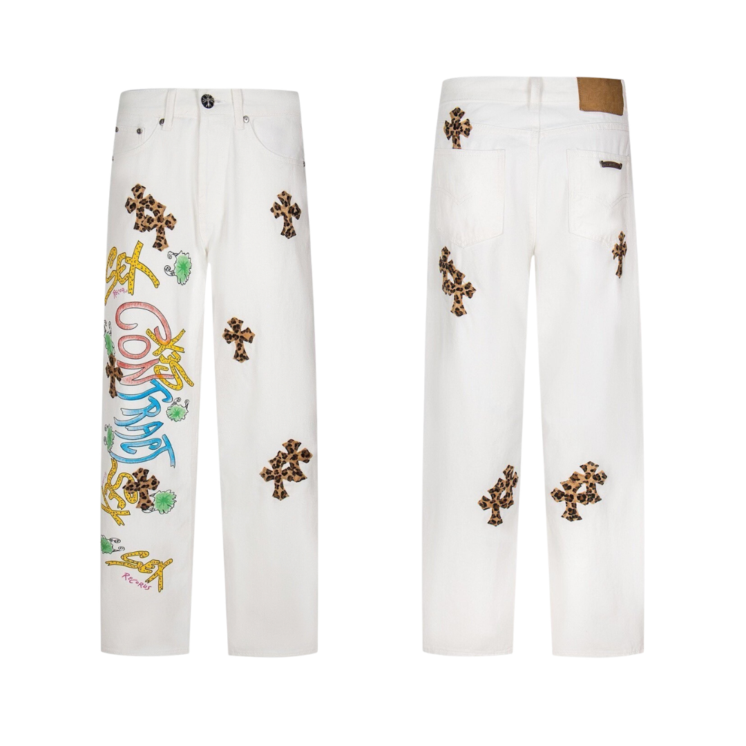  CHROME HEARTS クロムハーツ 定番ホワイト  カラーレザー十字架 ユニセックス デニムロングパンツ