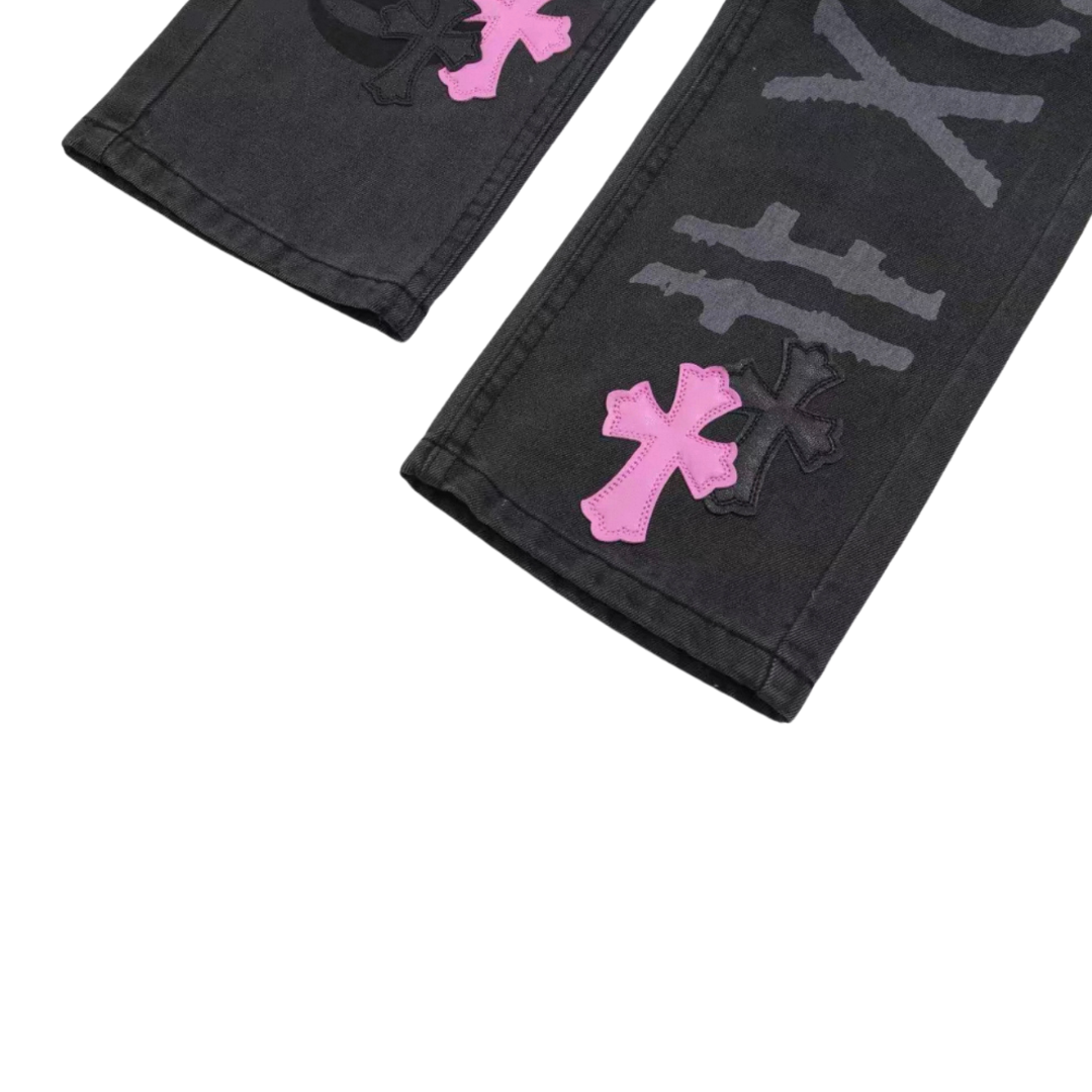 Chrome Hearts クロスパッチ デニムパンツ ブラック ピンク クロムハーツ