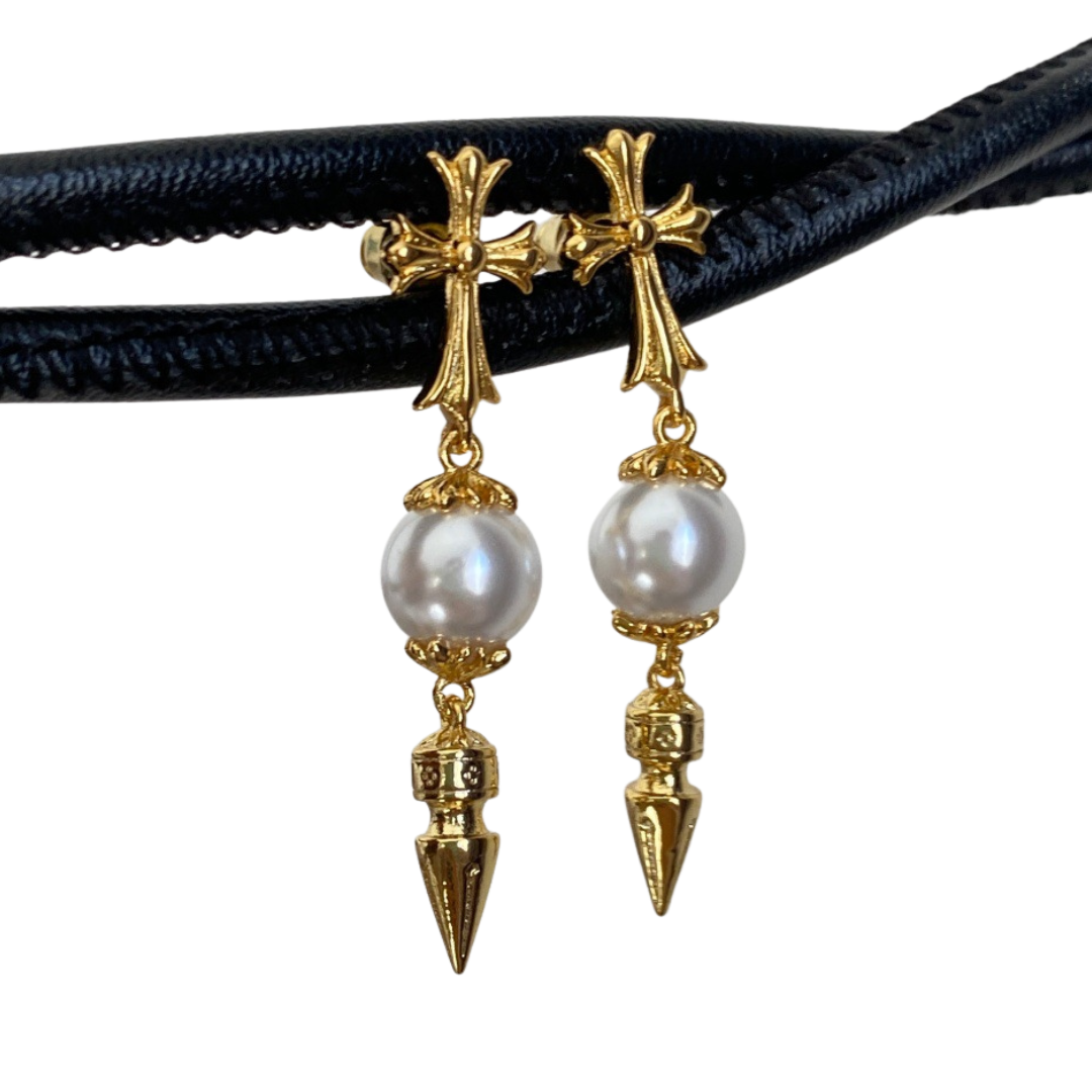 CHROME HEARTS クロムハーツ ミキモト  ゴールド クロス スパイク パール ドロップ イヤリング