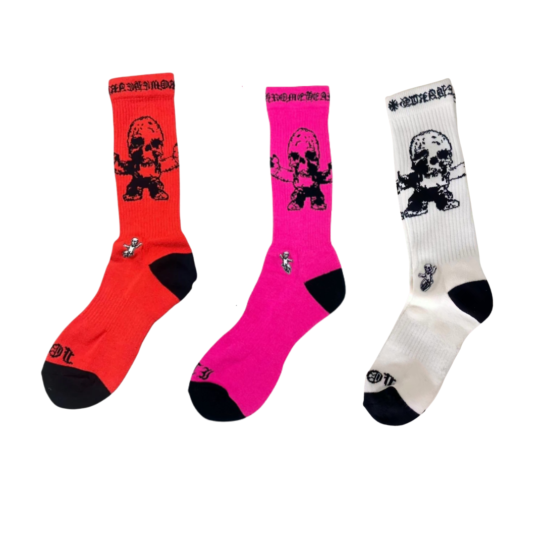 【Chrome Hearts x Matty Boy】クロムハーツ マティボーイ スカル クルーソックス 3色セット レッド/ピンク/ホワイト 