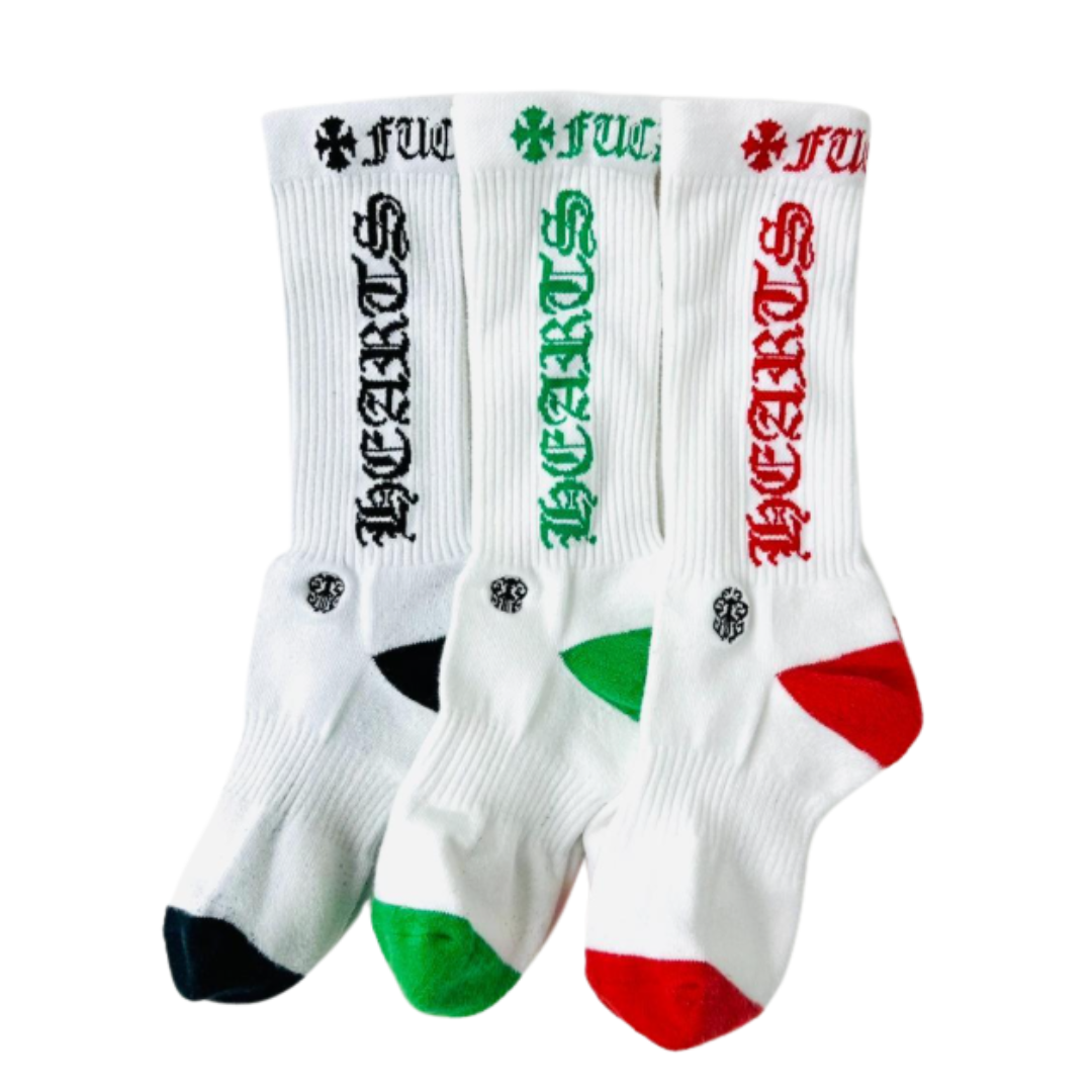 【Chrome Hearts】クロムハーツ 縦ロゴ クルーソックス 3足セット ブラック/グリーン/レッド
