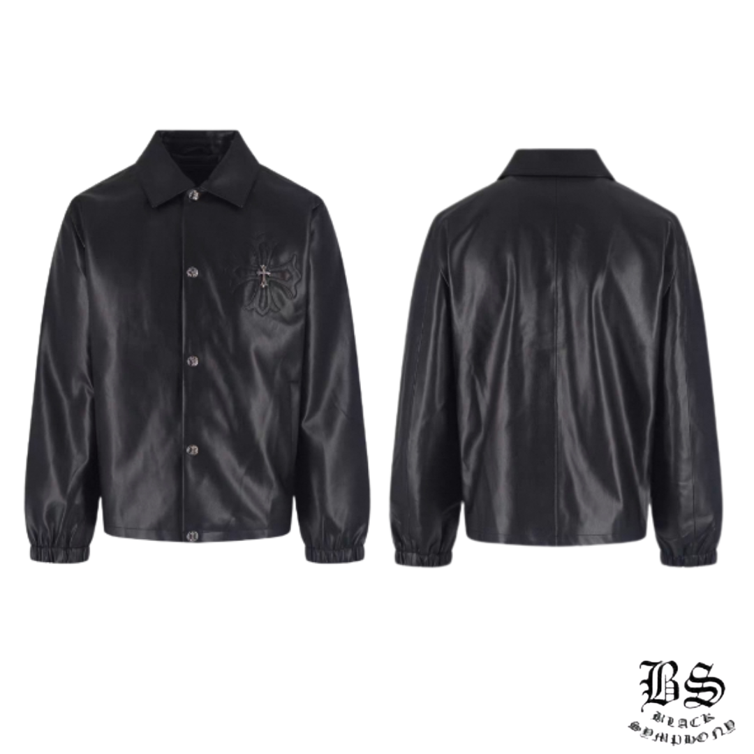 クロムハーツ　黒シャツXL Chrome Hearts】クロムハーツ クロスレザーパッチシャツジャケット