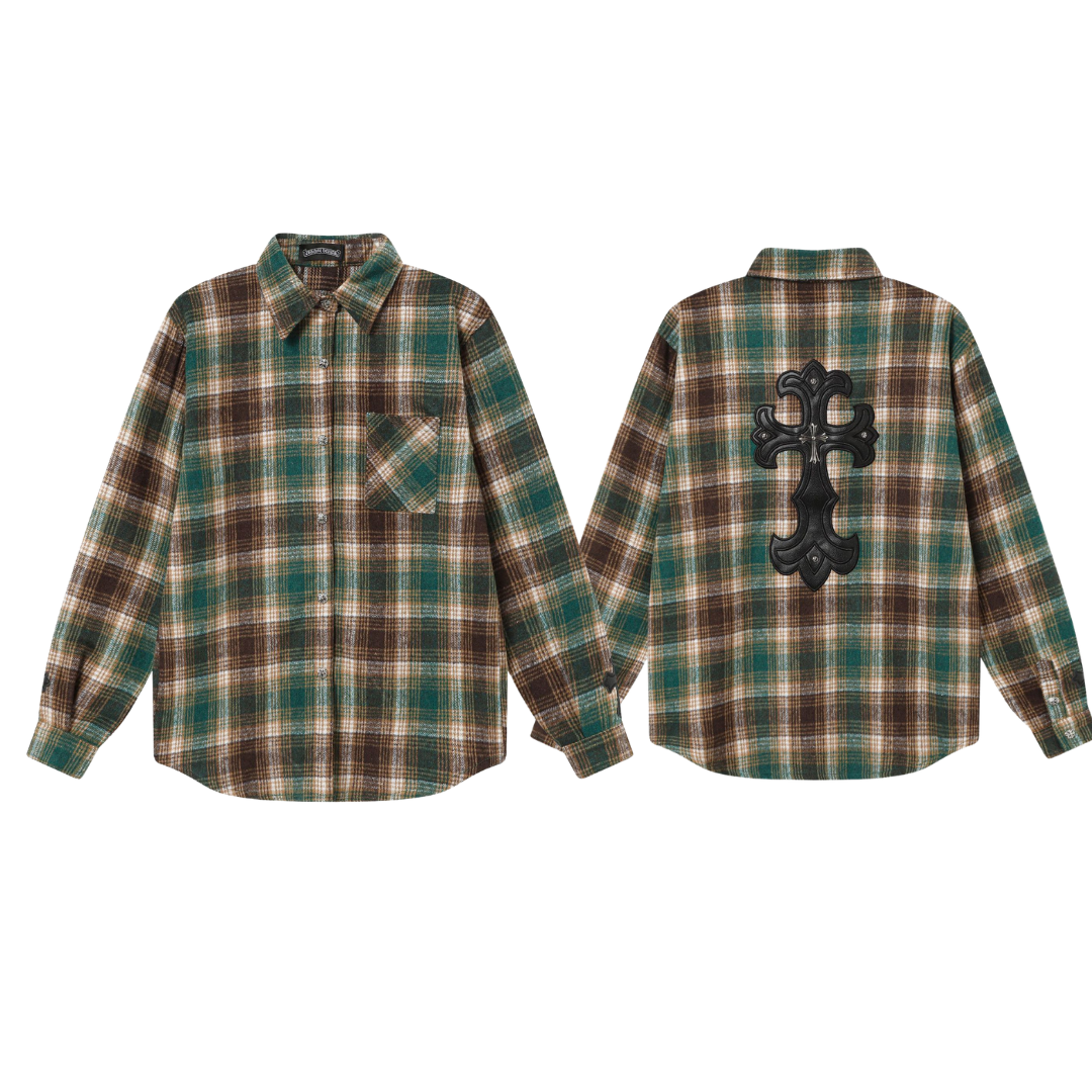 ChromeHearts クロムハーツ 初秋 新作 クロス レザーパッチ 刺繍 チェック 長袖 シャツ ジャケット メンズ レディース