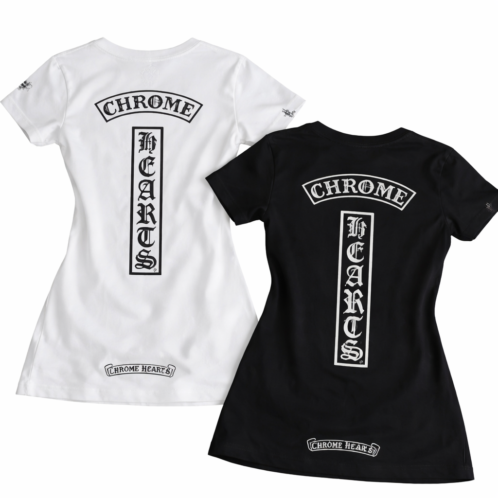 【クロムハーツ】Vネックプリント半袖Tシャツ レディース フィットシルエット キャミソールトップス ホワイト/ブラック