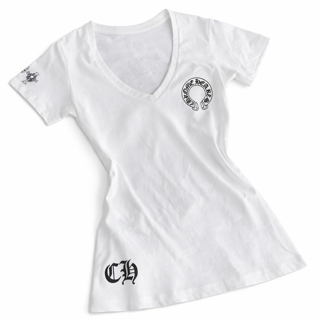 【クロムハーツ】Vネックプリント半袖Tシャツ レディース フィットシルエット キャミソールトップス ホワイト/ブラック