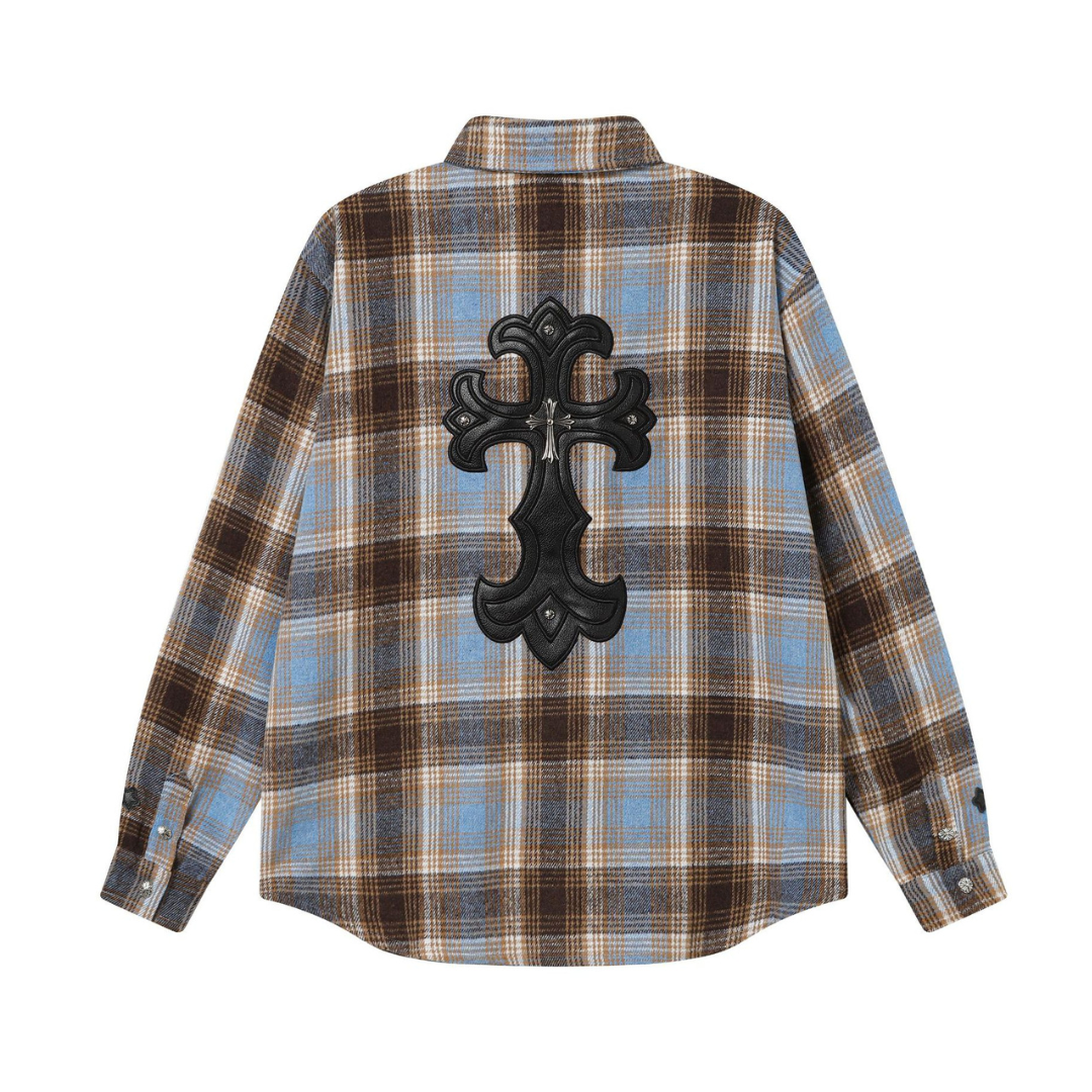 ChromeHearts クロムハーツ 初秋 新作 クロス レザーパッチ 刺繍 チェック 長袖 シャツ ジャケット メンズ レディース