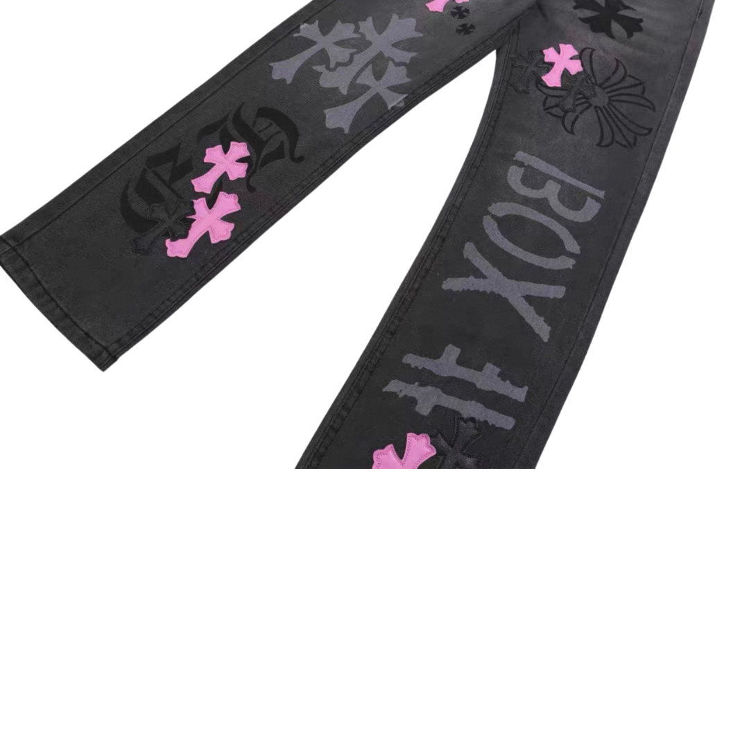 Chrome Hearts クロスパッチ デニムパンツ ブラック ピンク クロムハーツ