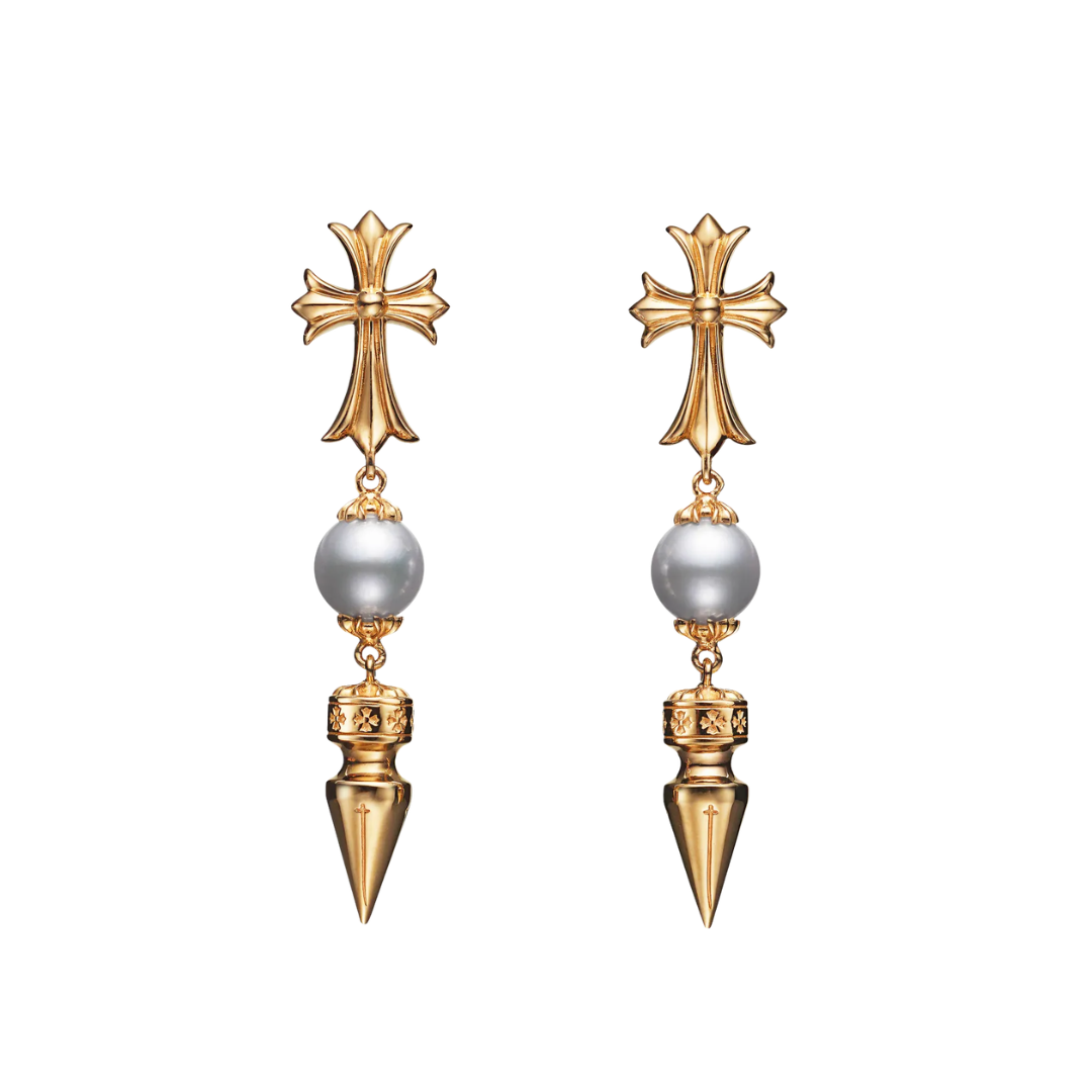 CHROME HEARTS クロムハーツ ミキモト  ゴールド クロス スパイク パール ドロップ イヤリング