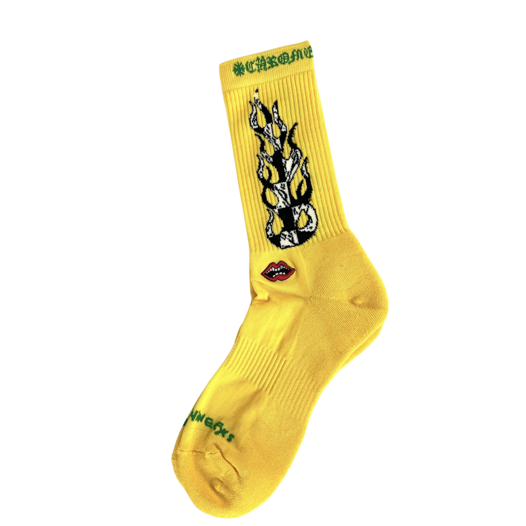 【クロムハーツ】Chrome Hearts x Matty Boy Flame Socks 'Green/Yellow/Black'