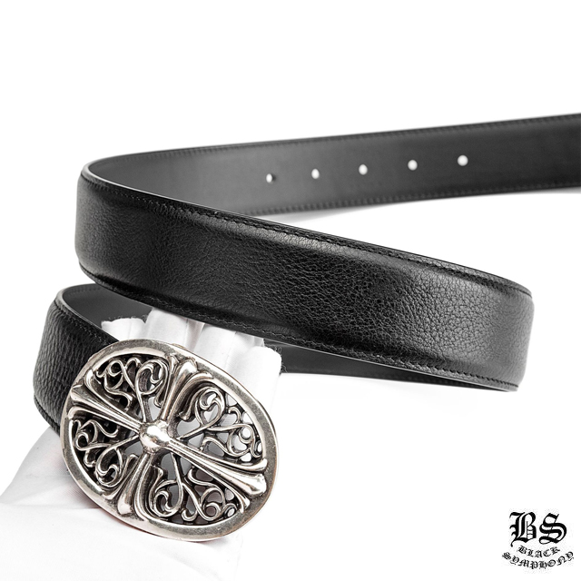 クロムハーツ クラシックオーバルクロスバックル＆プレーンブラックレザー1.5ホースシューリベット ベルトセット