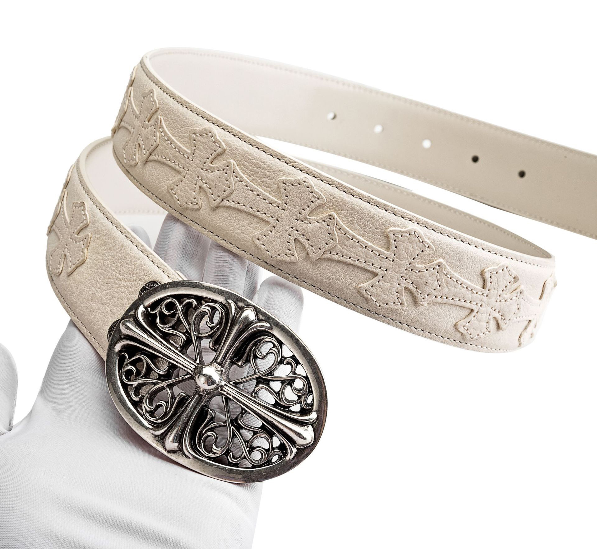 クロムハーツ クラシックオーバルクロスバックル＆プレーンブラックレザー1.5ホースシューリベット ベルトセット