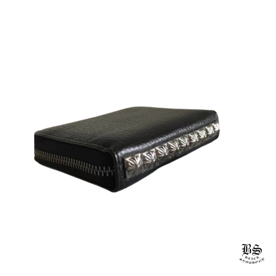 Chrome Hearts クロムハーツ 3サイドジップウォレット レザー ブラック メンズ クロス SV CHプラス ピラミッドスタッズ 黒