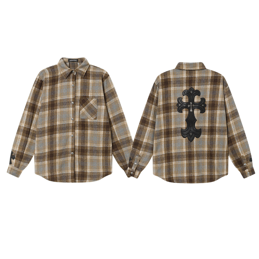 ChromeHearts クロムハーツ 初秋 新作 クロス レザーパッチ 刺繍 チェック 長袖 シャツ ジャケット メンズ レディース