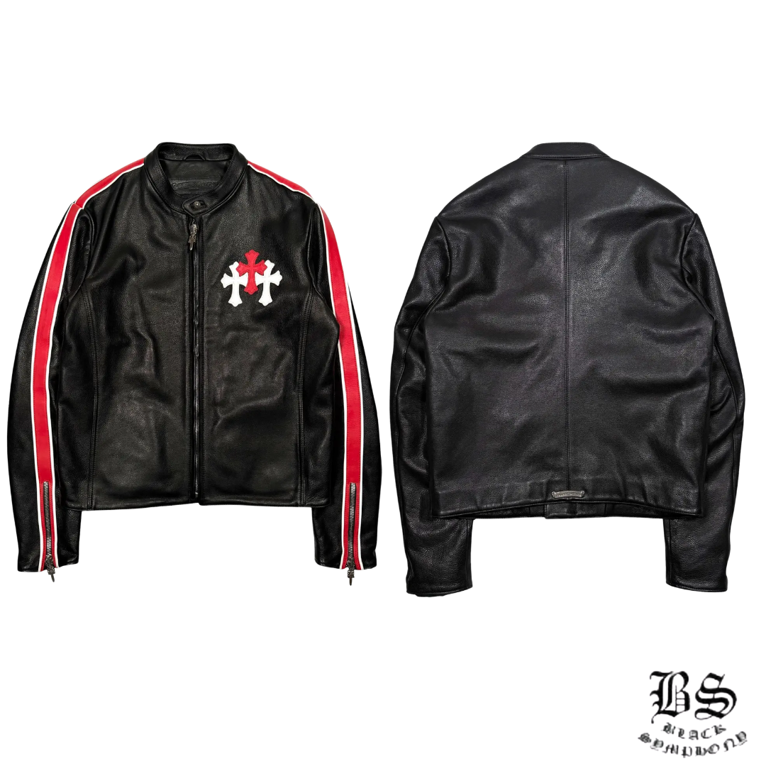 【Chrome Hearts】クロムハーツ トリプルクロスレザーパッチ バイカーレーシングジャケット レッドストライプ