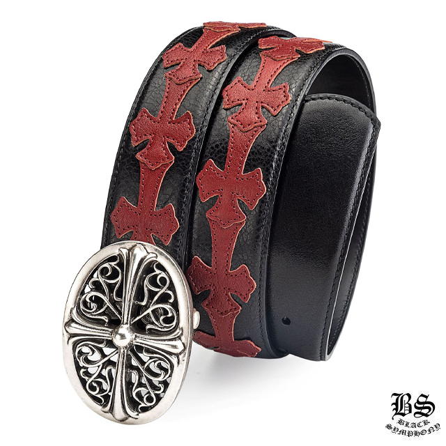 クロムハーツ クラシックオーバルクロスバックル＆プレーンブラックレザー1.5ホースシューリベット ベルトセット