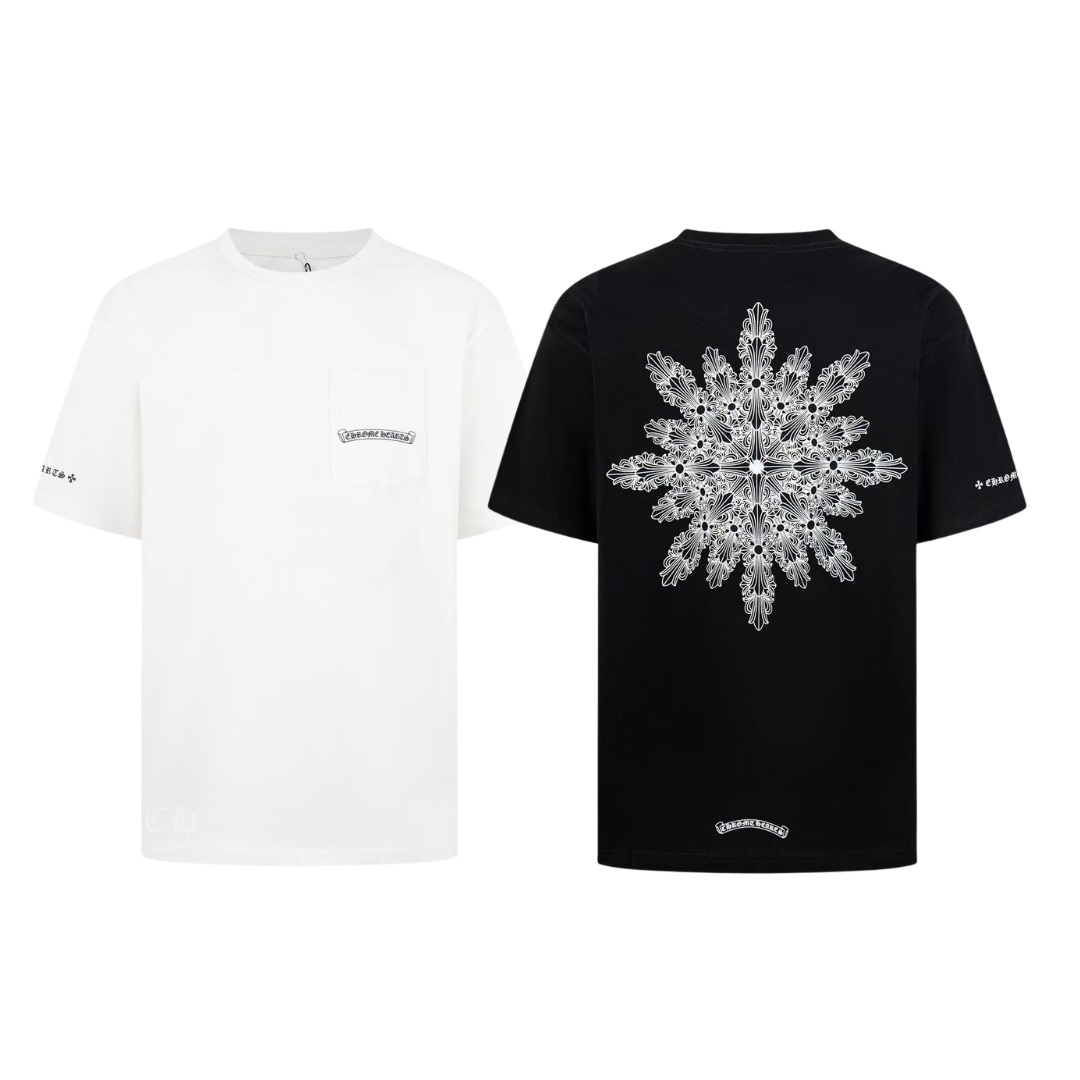 Chrome Hearts クロスバックスノーフレーク半袖Tシャツ 吸湿性に優れた柔らかな素材 高温インクプリント仕様 男女兼用