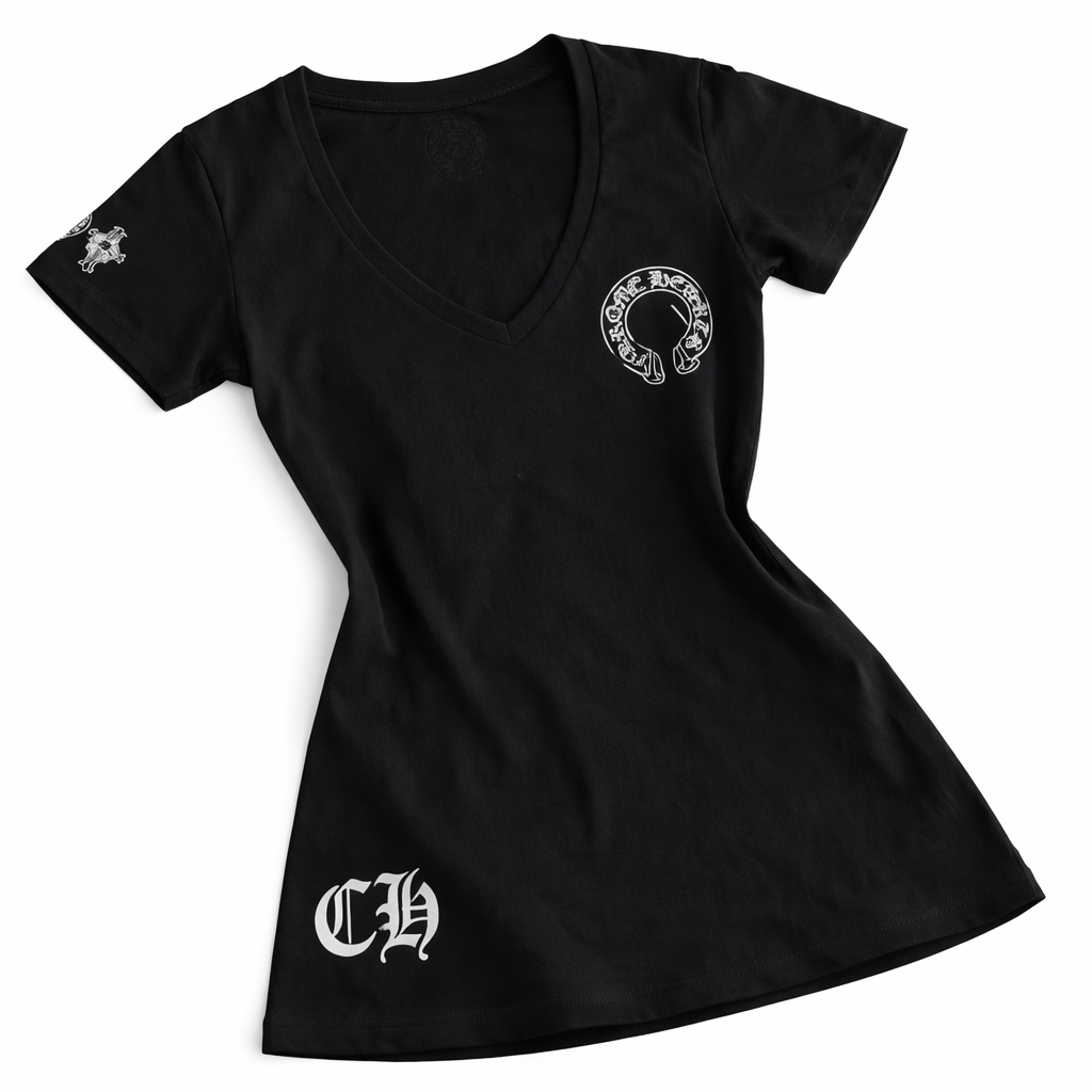 【クロムハーツ】Vネックプリント半袖Tシャツ レディース フィットシルエット キャミソールトップス ホワイト/ブラック