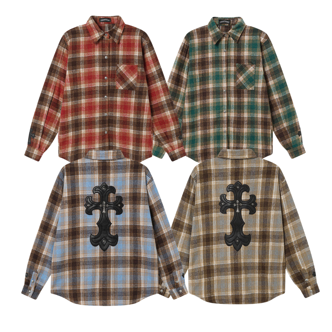 ChromeHearts クロムハーツ 初秋 新作 クロス レザーパッチ 刺繍 チェック 長袖 シャツ ジャケット メンズ レディース