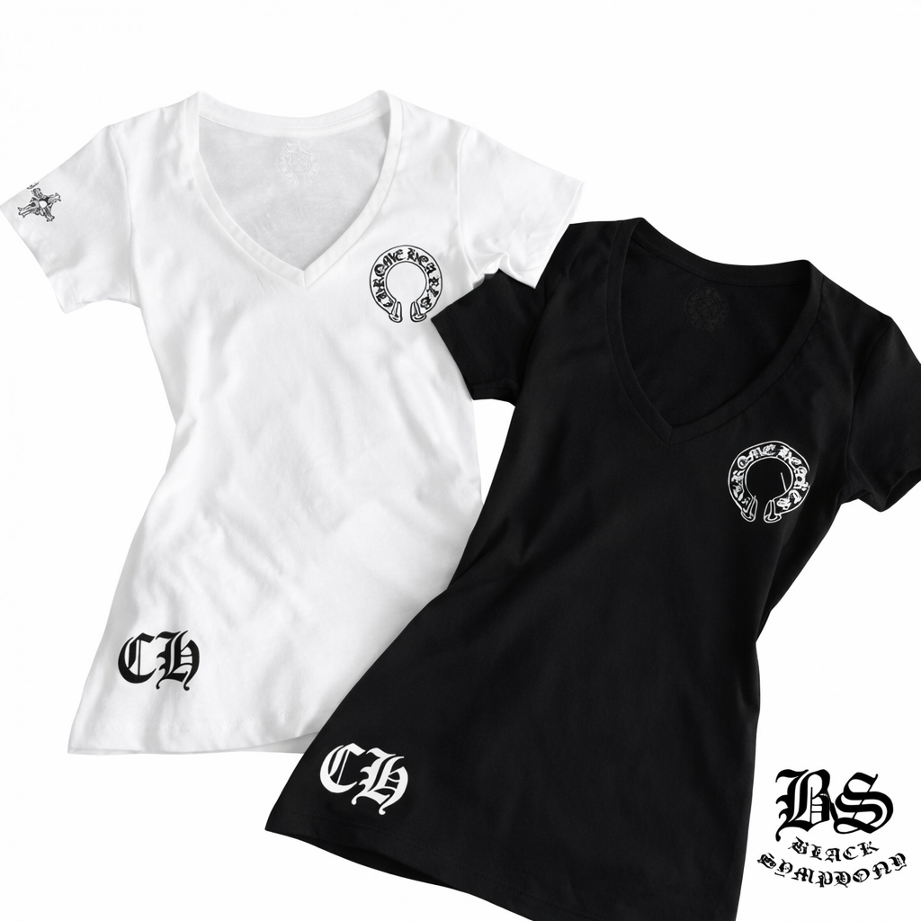 【クロムハーツ】Vネックプリント半袖Tシャツ レディース フィットシルエット キャミソールトップス ホワイト/ブラック