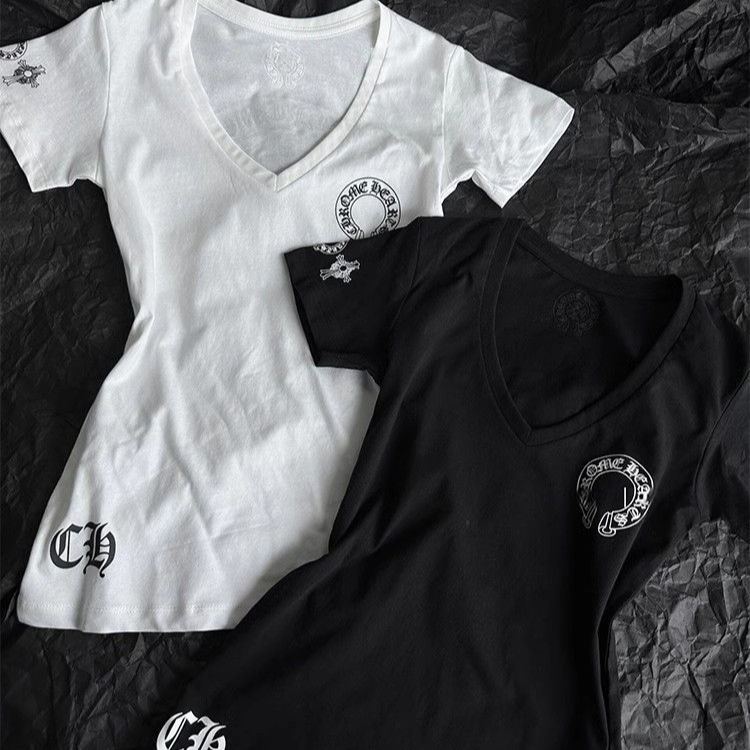 【クロムハーツ】Vネックプリント半袖Tシャツ レディース フィットシルエット キャミソールトップス ホワイ