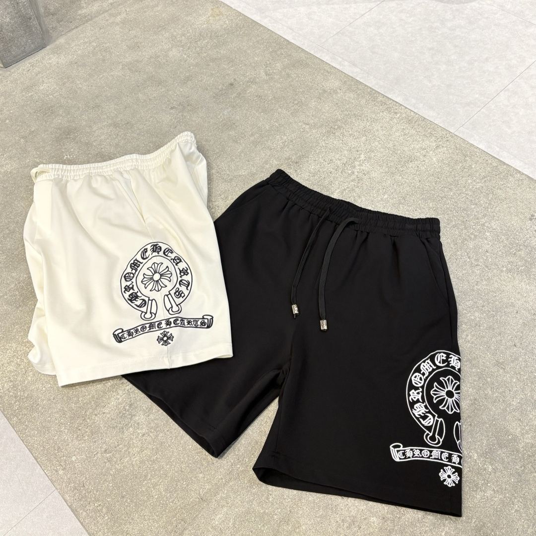 クロムハーツ ニット グラデーション ビーチパンツ メンズ 刺繍ロゴ M〜4XL カスタム生地 立体感ストレート柄 ウエスト紐 金具付き 通気性 快適 夏 おしゃれ 白 黒