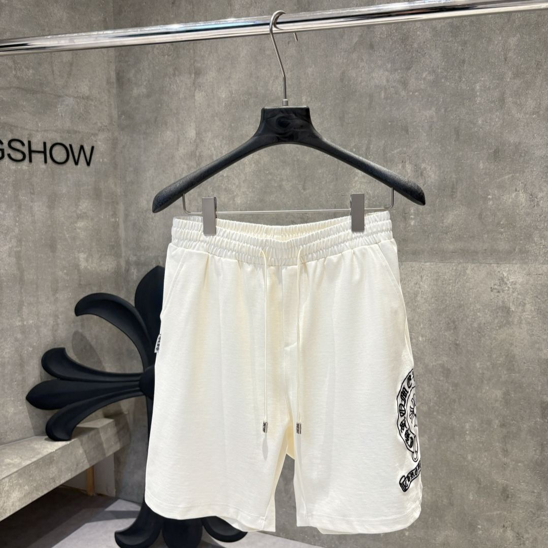 クロムハーツ ニット グラデーション ビーチパンツ メンズ 刺繍ロゴ M〜4XL カスタム生地 立体感ストレート柄 ウエスト紐 金具付き 通気性 快適 夏 おしゃれ 白 黒