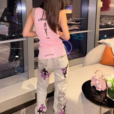 CHROME HEARTS (クロムハーツ)  デッドリードール リブ アートバーゼル フローラ ピンク リブ タンクトップレディース
