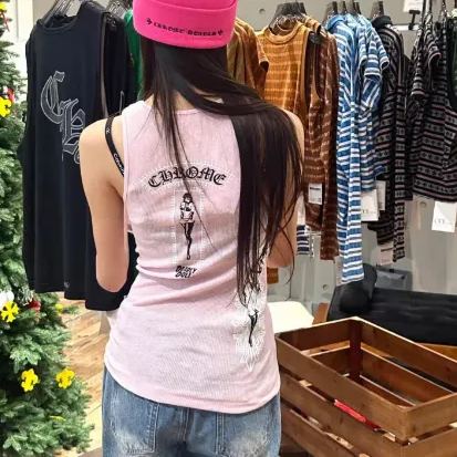 CHROME HEARTS (クロムハーツ)  デッドリードール リブ アートバーゼル フローラ ピンク リブ タンクトップレディース