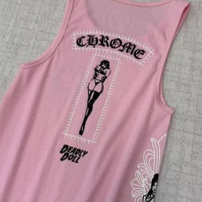 CHROME HEARTS (クロムハーツ)  デッドリードール リブ アートバーゼル フローラ ピンク リブ タンクトップレディース