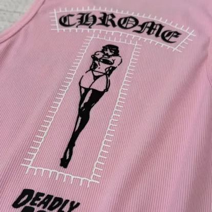 CHROME HEARTS (クロムハーツ)  デッドリードール リブ アートバーゼル フローラ ピンク リブ タンクトップレディース