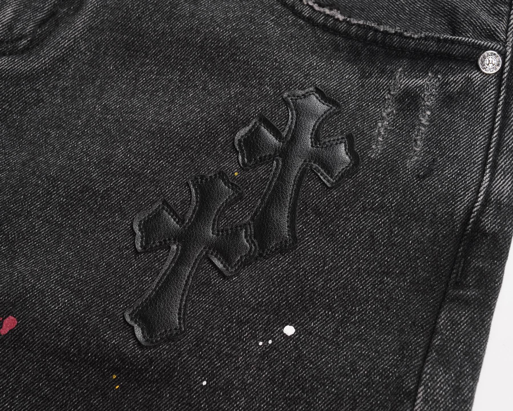 Chrome Hearts（クロムハーツ）アメカリウォッシュ レザーパッチ 刺繍 ダメージショートパンツ