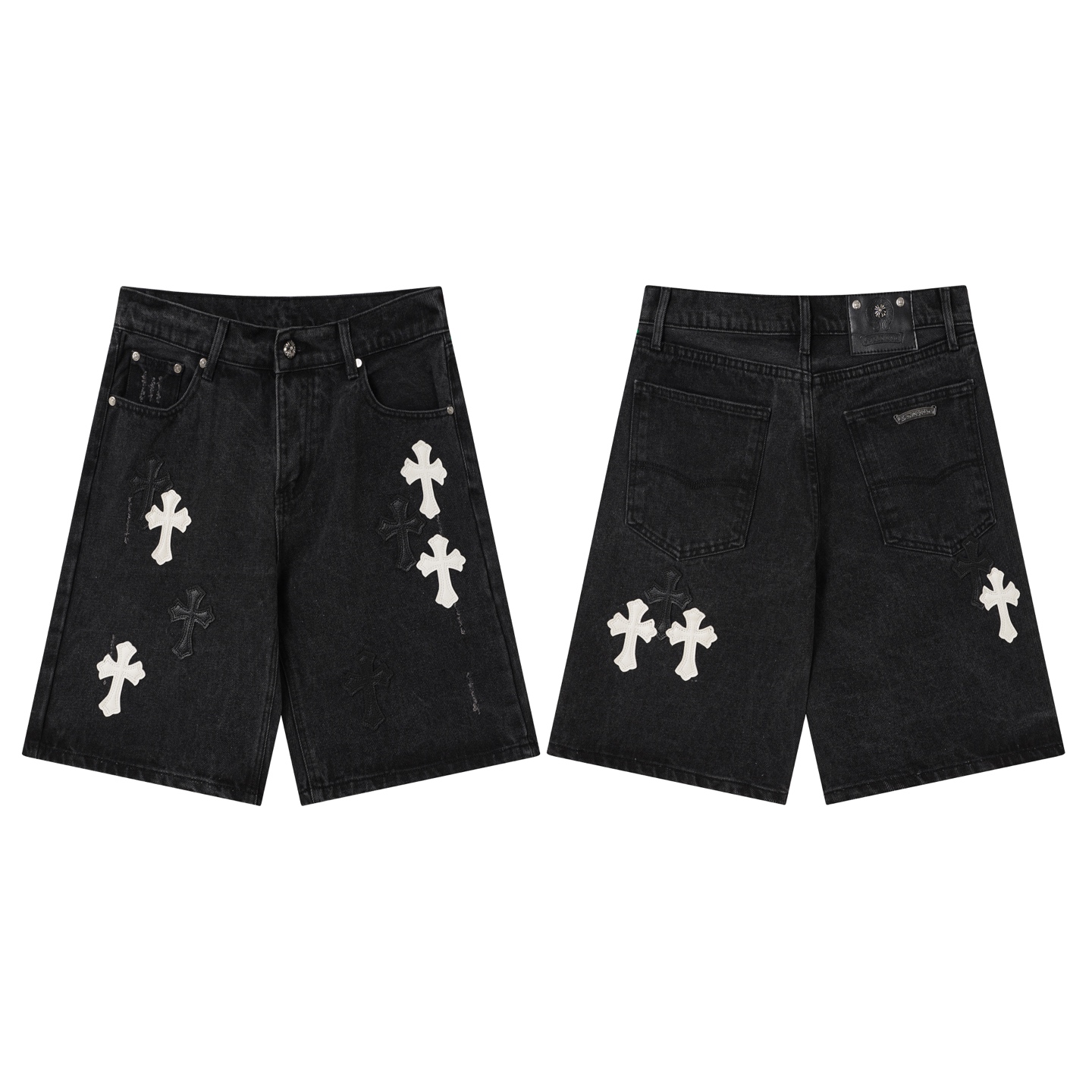 Chrome Hearts クロムハーツ クロス パッチワーク 刺繍 リラックスフィット 5分丈 デニムショーツ ユニセックス ブラック