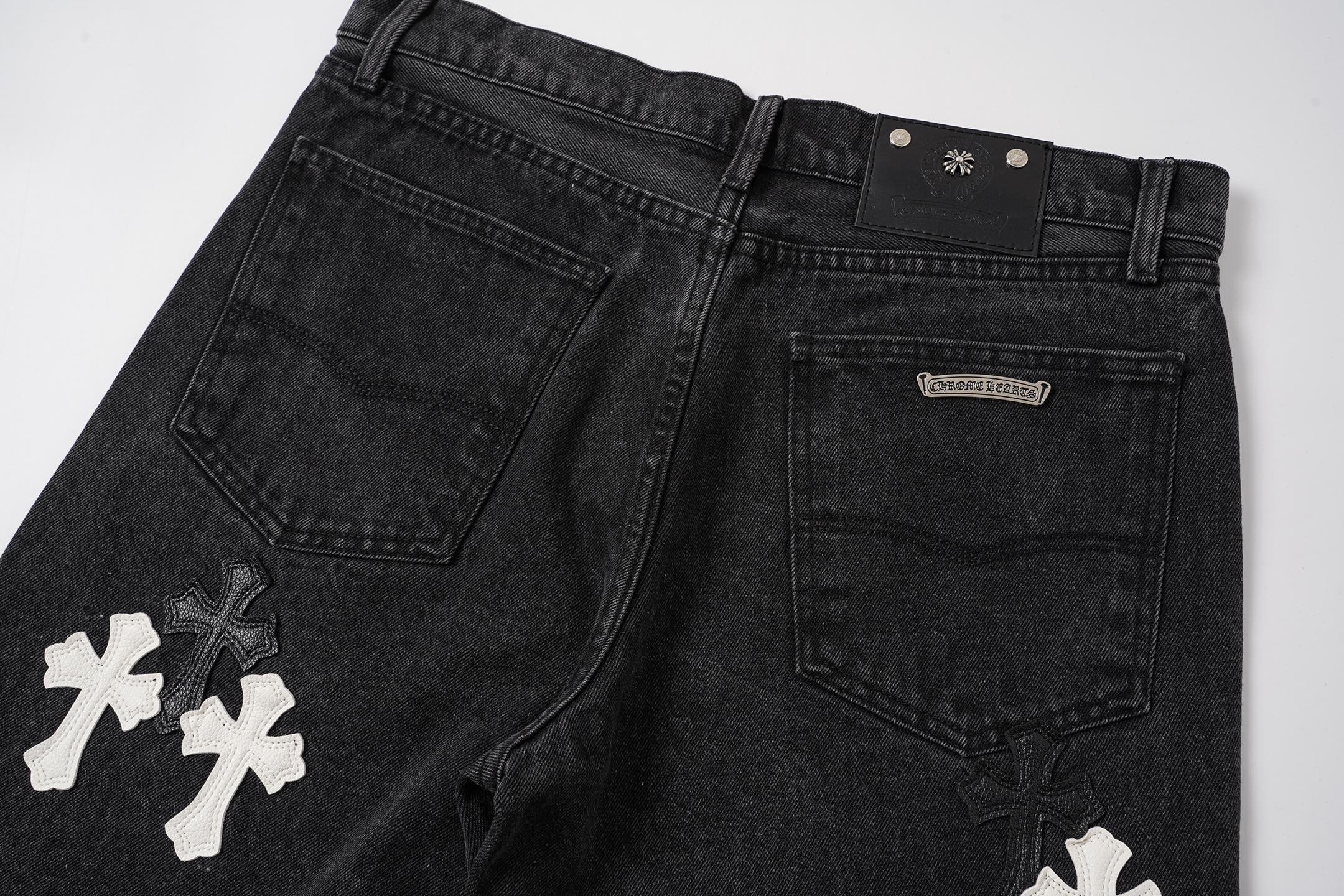 Chrome Hearts クロムハーツ クロス パッチワーク 刺繍 リラックスフィット 5分丈 デニムショーツ ユニセックス ブラック